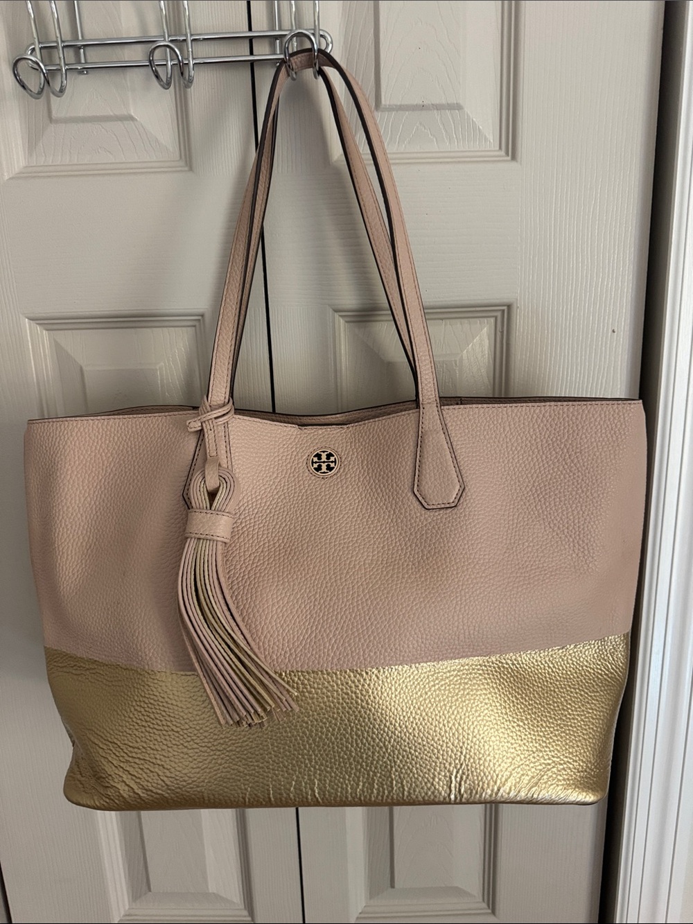 Tory Burch Two-Tone Leather Tassel Tote in Blush and Gold